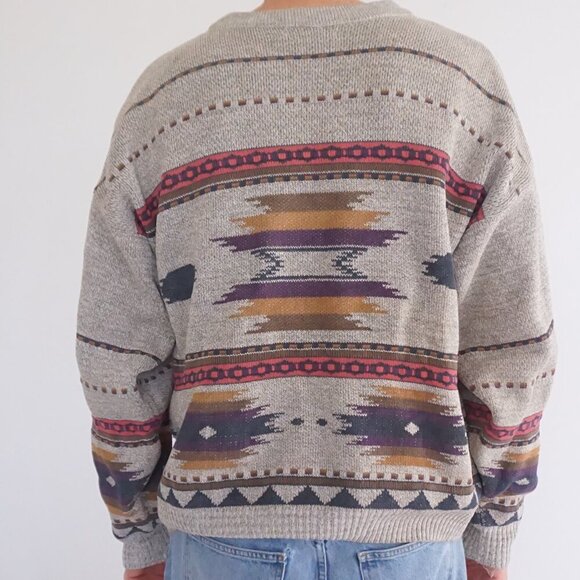Vintage '90s London Fog Taupe Purple Aztec Cotton Crewneck Knit Sweater Large - Picture 2 of 10